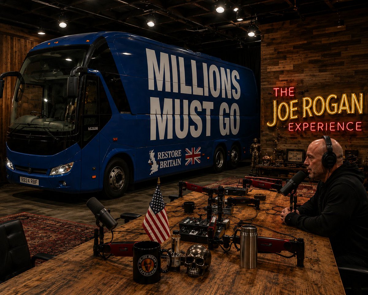 hughmadborough's tweet photo. Today, the Restore Britain campaign bus is inside The Joe Rogan Experience studio. https://t.co/VrFEd25FQu