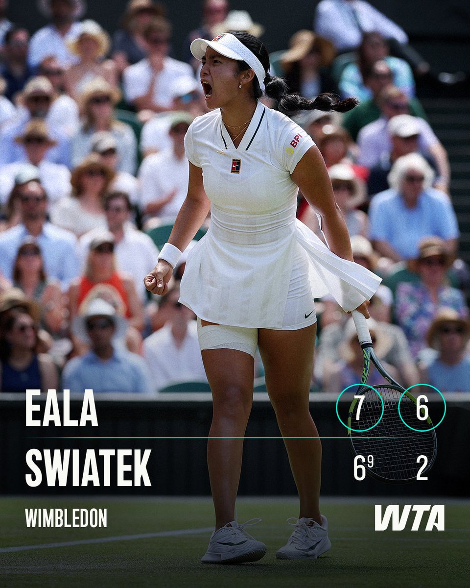 WTA's tweet photo. A memorable moment for Eala 🤩

Alexandra Eala advances to the Round of 16 after defeating Swiatek in straight sets! 

#Wimbledon https://t.co/y3Pz5BKQik