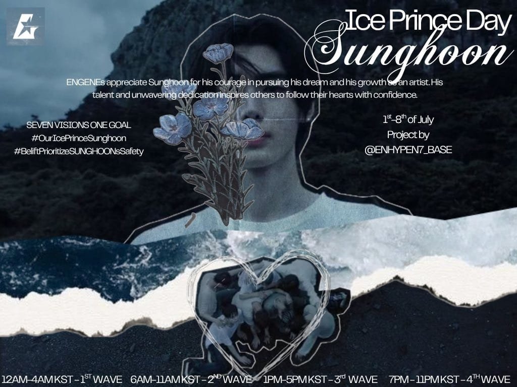 ENHYPEN7_BASE's tweet photo. 📢 DAY-5 ICE PRINCE DAY IS OFFICIALLY LIVE! ❄️👑

​📌 UPDATE YOUR PROFILE PICTURE TO SUNGHOON

​Today is completely dedicated to the ice prince, Sunghoon! Things are kicking off with the 1st wave to celebrate Sunghoon's incredible talent, advocate for the artist's privacy, and stand up for what Sunghoon deserves.

​ENGENEs appreciate Sunghoon for his courage in pursuing his dream and growth as an artist. His talent and dedication inspires others to follow their hearts with confidence.

​SEVEN VISIONS ONE GOAL
#OurIcePrinceSunghoon
#BeliftPrioritizeSUNGHOONsSafety