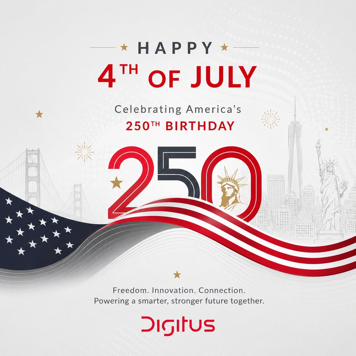 Digitus_Group's tweet photo. Happy 4th of July to our colleagues, partners, clients, and friends across the United States.

As America celebrates its 250th birthday, we celebrate the innovation, resilience, and connectivity that continue to shape the future.

#America250 #FourthOfJuly #Innovation #Digitus https://t.co/yKqx9SlBsI