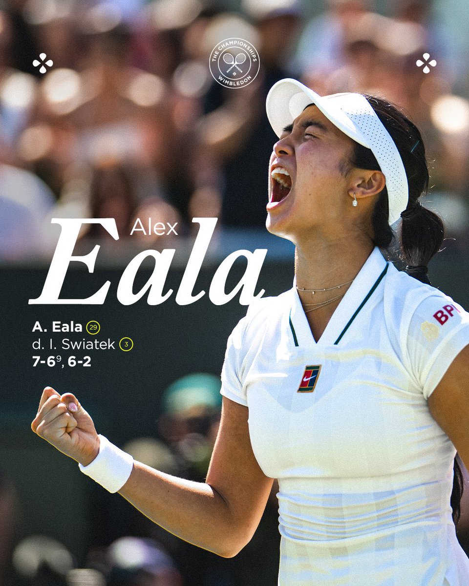 rnadalacademy's tweet photo. ALEX MAKES HISTORY AGAIN! 🇵🇭✨

Another unforgettable milestone for Alex @AlexEala05! 💥

She defeats defending champion Iga Swiatek 7-6, 6-2 to book her place in the fourth round of @Wimbledon for the very first time! 🌱🎾 VAMOS! https://t.co/kmnQKgRr2c