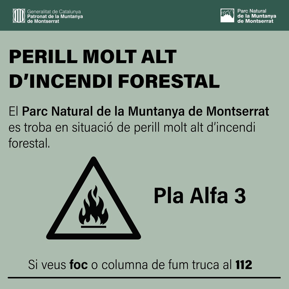 PNMontserrat's tweet photo. ‼ Risc elevat d’#incendi forestal 🔥 #Montserrat
🔴 5/07 activat #PlaAlfa 3 a tots els municipis del @PNMontserrat
⚠️ Extrema la precaució en activitats al #medi #natural
❌ No encenguis foc
❌ No llencis burilles ni deixalles
📞 Davant qualsevol indici de foc, truca al @112 https://t.co/kpxl549Mai