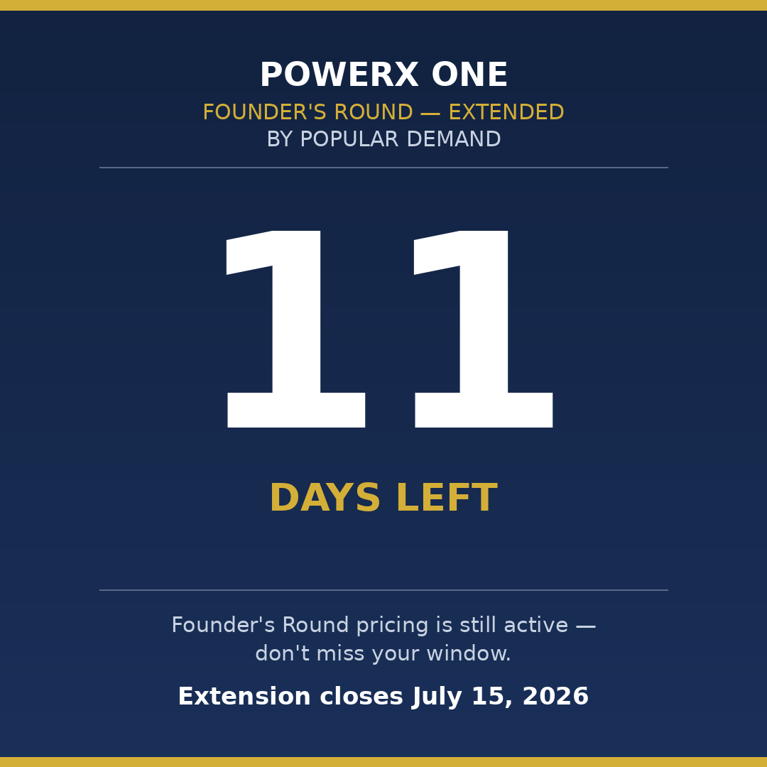 Powerxonewallet's tweet photo. 🚨 Founder's Round EXTENDED — by popular demand.  ⏳

 Only 11 days left to lock in early pricing before it's gone for good.  

Don't wait on this one.  👇 https://t.co/RdjRy2RJBu