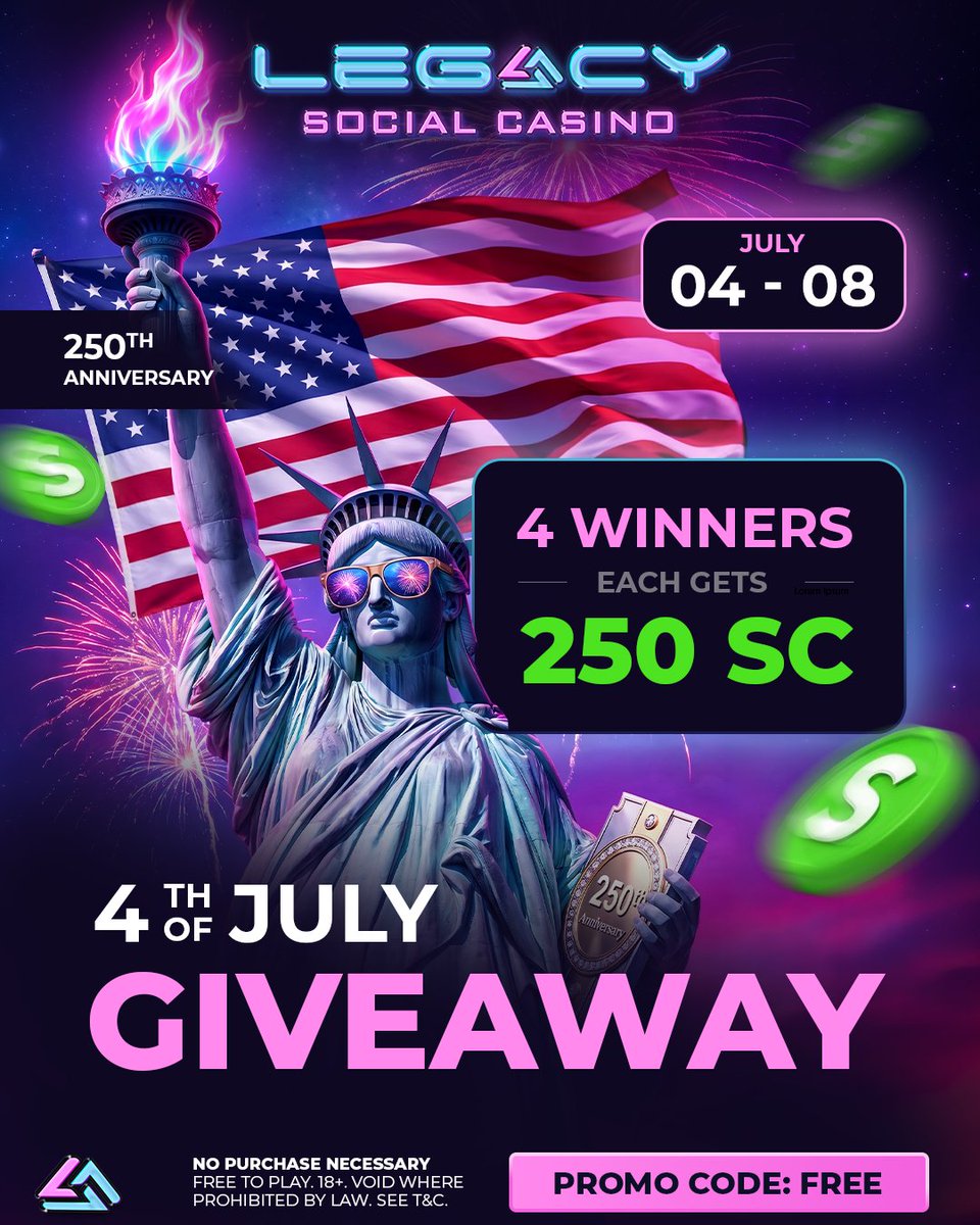 legacy_arcade's tweet photo. Happy 4th of July! 🎆🇺🇸 4 lucky players will be rewarded with 250 SC each!

We’re celebrating our country’s 250th anniversary with a special Legacy Casino GIVEAWAY!

To enter, please go to the official giveaway post on our Facebook page and complete all the required steps there.

How to enter on Facebook 👇 🧵