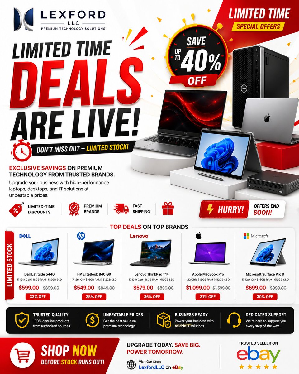 Lexfordllc's tweet photo. 🚨 LIMITED TIME: Save up to 40% OFF Dell, HP, Lenovo, Apple & Microsoft.
Stock is limited — offers end soon.
Shop now 👉 LexFordLLC on eBay
#LexFordLLC #FlashSale #TechDeals #LimitedTimeOffer https://t.co/2TZvsFdgQD
