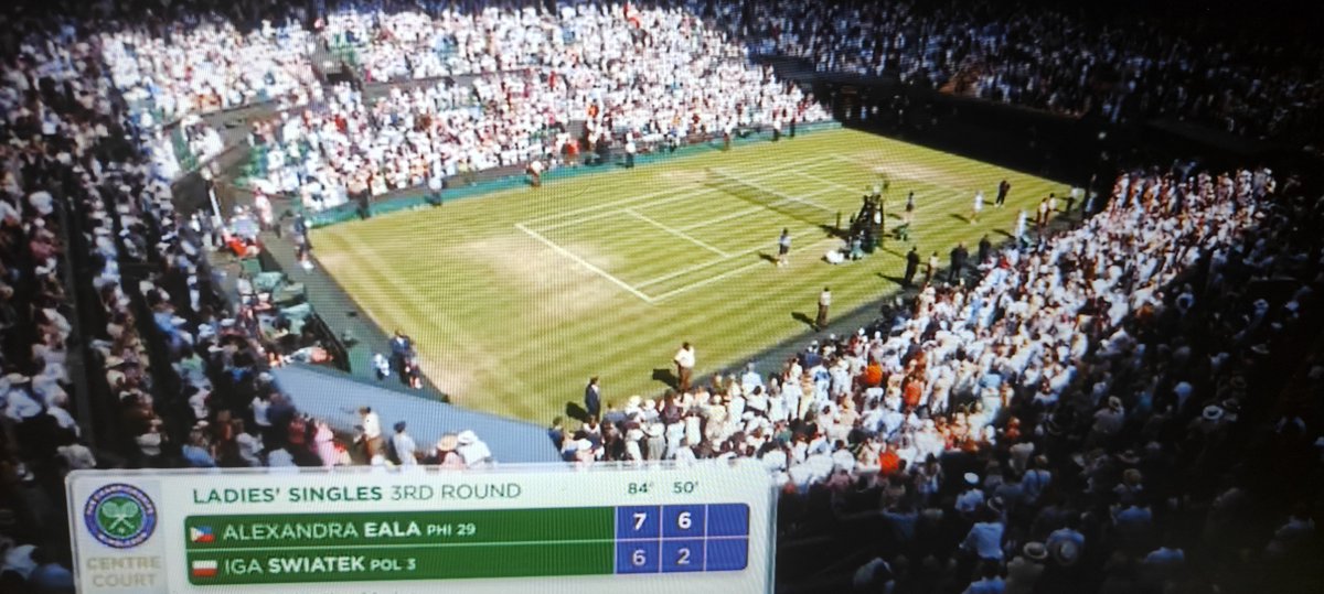 AbodeOfLakshmi's tweet photo. Big Upset; Defending Champion knocked out of Wimbledon on centre Court. 
Alexandra Eala defeats Ega Swiatek 
7-6; 6-2 
Moves on to the Fourth Round. 
#Eala #wimbledon https://t.co/I5VJPGLv0r