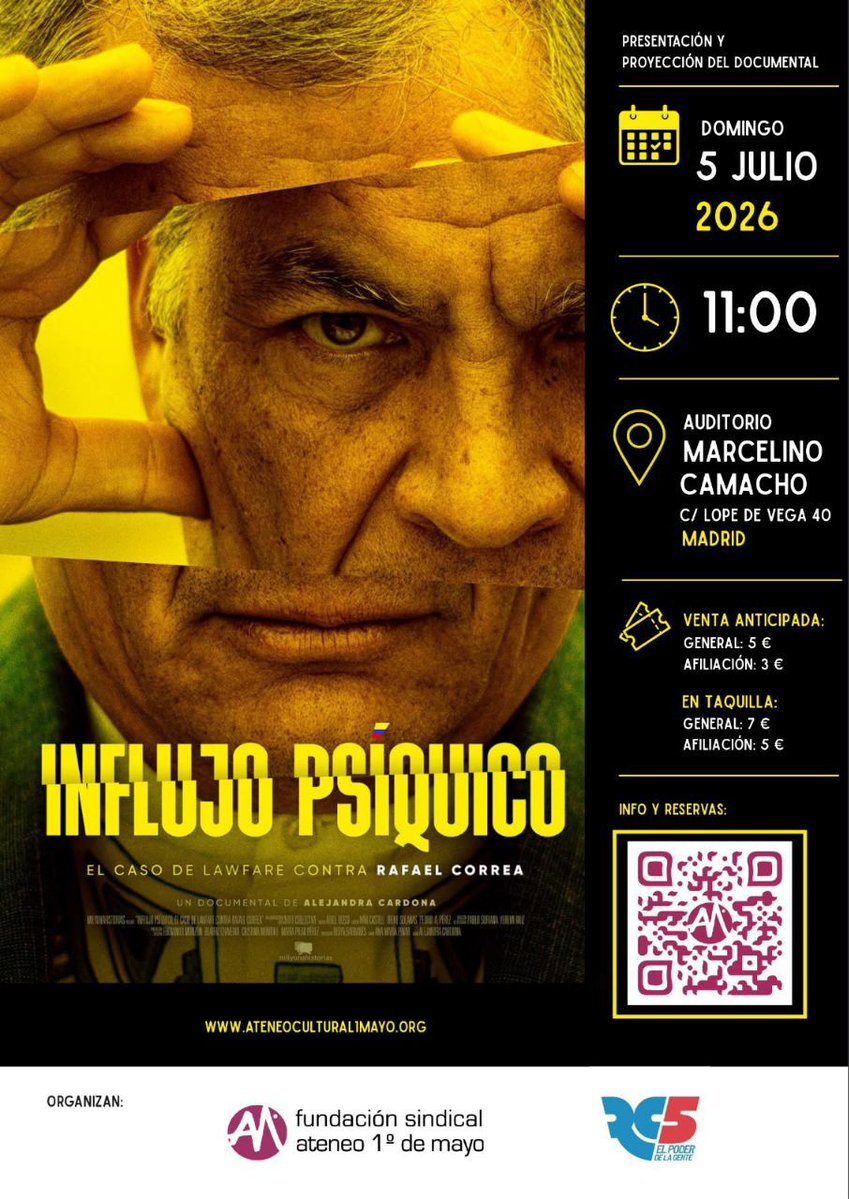 IUMadridRetiro's tweet photo. [VÍDEO] En el que Rafael Correa @MashiRafael , ex-presidente de #Ecuador (hoy en el exilio) anima a asistir a la proyección del documental "Influjo psíquico: El caso de lawfare contra Rafael Correa" que se proyectará en el auditorio de @CCOOMadrid 
📆 domingo 5 de julio 
⌚️ 11 h. https://t.co/Gul8d0f6bC