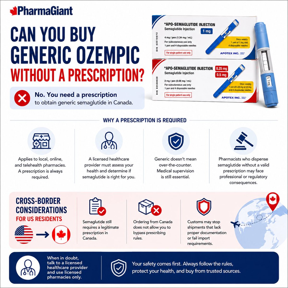 GiantPharma's tweet photo. Generic doesn't mean over the counter.

If you're looking for generic semaglutide from Canada, you'll still need a valid prescription.

Here's what to know before you order.

#Ozempic #Semaglutide #GLP1 https://t.co/0bIAekvCwX