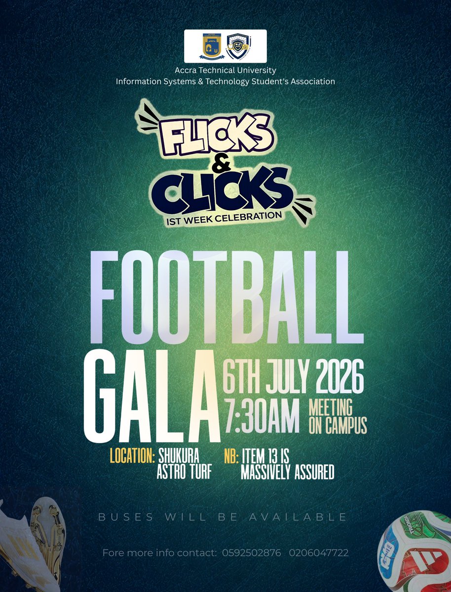 VoiceOfISTSA's tweet photo. ⚽ IST Week 2026 kicks off on the pitch!

Departments battle for ultimate bragging rights at the Flicks &amp; Clicks. Bring the energy and rep your colors! 🔥

📅 Date: Monday, 6th July 2026

🕢 Time: 7:30 AM

📍 Venue: Shukura Astro Turf

#ISTWeek2026 #FootballGala #ISTSA #ATU https://t.co/QlrmS3voLv