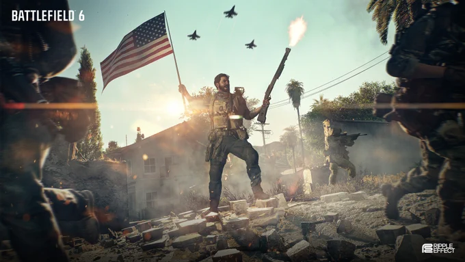 A soldier holding an American flag in one hand and a shotgun in the other as fighter jets fly overhead through a cloud of dust.