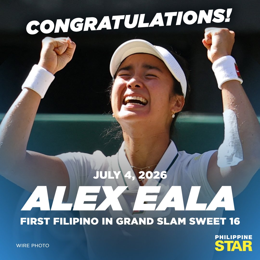 PhilippineStar's tweet photo. ALEX MAKES HER-STORY, PART TWO 🫡🎾

JUST IN: Alex Eala stuns reigning Wimbledon champion and world No. 3 Iga Swiatek of Poland via sweep, 7-6 (11-9), 6-2, to roll into the Round of 16.

It’s the 7th career win for Eala over a Top-10 player, beating Swiatek for the second time after the Miami Open last year.

Eala will face world No. 13 Jasmine Paolini of Italy for a seat in the quarterfinals and another history for Philippine tennis. | @bryanulanday