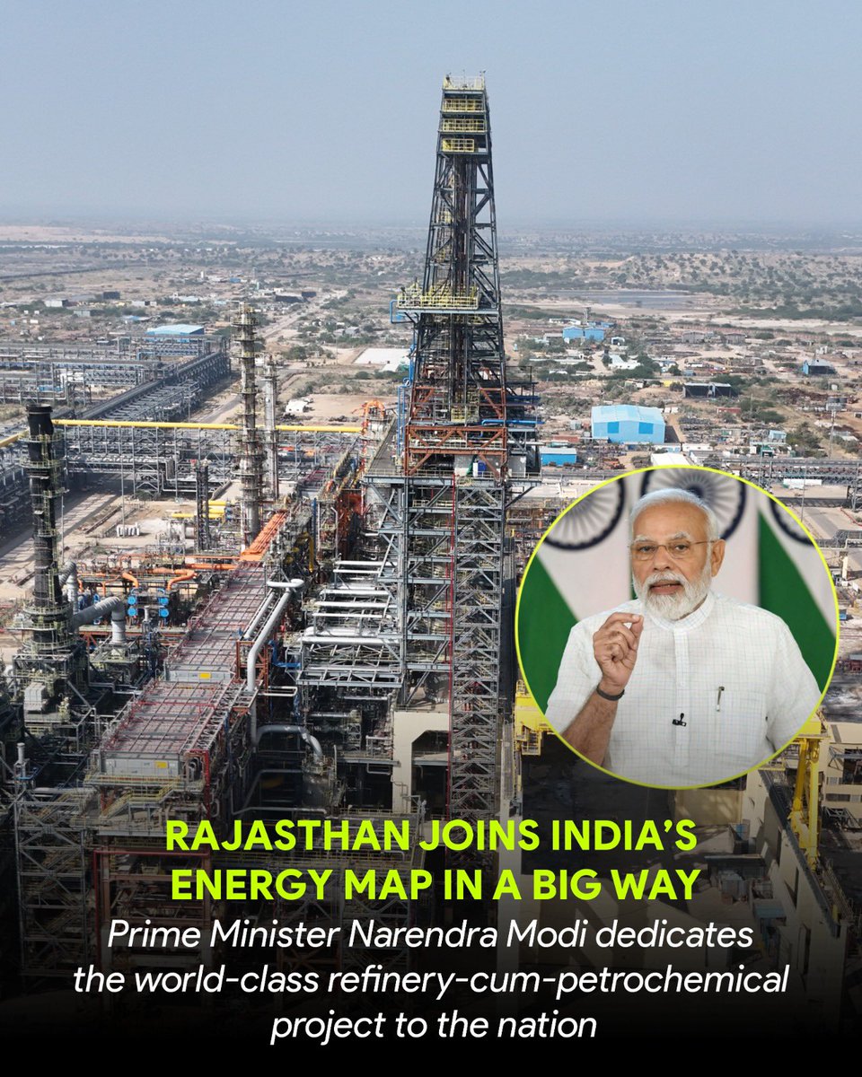 BefittingFacts's tweet photo. Prime Minister Narendra Modi dedicated the HPCL Rajasthan Refinery Limited (HRRL) at Pachpadra to the nation.

Designed with a 9 MMTPA refining capacity and 2.4 MMTPA petrochemical capacity, HRRL is among India's largest greenfield refinery-cum-petrochemical projects and is set to strengthen the country's energy and manufacturing ecosystem.