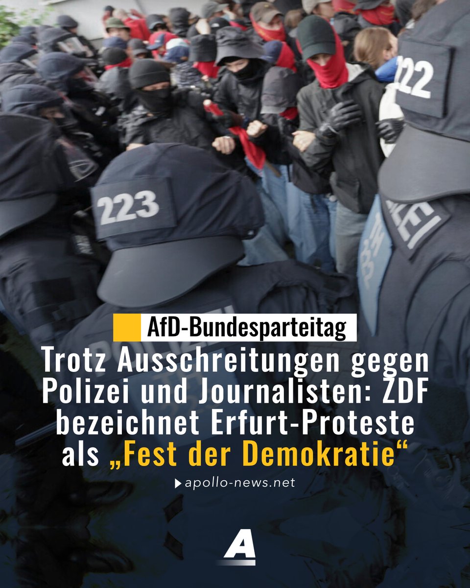 apollo_news_de's tweet photo. Das ZDF zieht ein positives Fazit zu den Anti-AfD-Demos in Erfurt und bezeichnet sie in einem Beitrag sogar als „Fest der Demokratie“. Die Ausschreitungen gegen Polizei und Journalisten bleiben unerwähnt.
https://t.co/OtpMGNhJAF https://t.co/NAsPhdQDo7