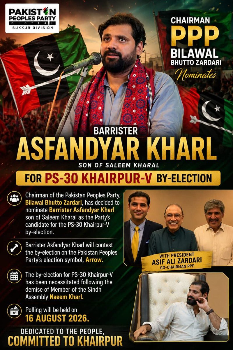 NarejoShahzado's tweet photo. چیئرمین پاکستان پیپلز پارٹی بلاول بھٹو زرداری نے پی ایس-30 خیرپور-V کے ضمنی انتخاب کے لیے بیرسٹر اسفندیار کھرل کو پاکستان پیپلز پارٹی کا امیدوار نامزد کر دیا ہے۔
جس کے لیے پولنگ 16 اگست 2026 کو ہوگی۔
جیئے بھٹو ✌️🏹🇱🇾
#PPP #PS30 #Khairpur #NishanTeer https://t.co/nh8Xny99Bh