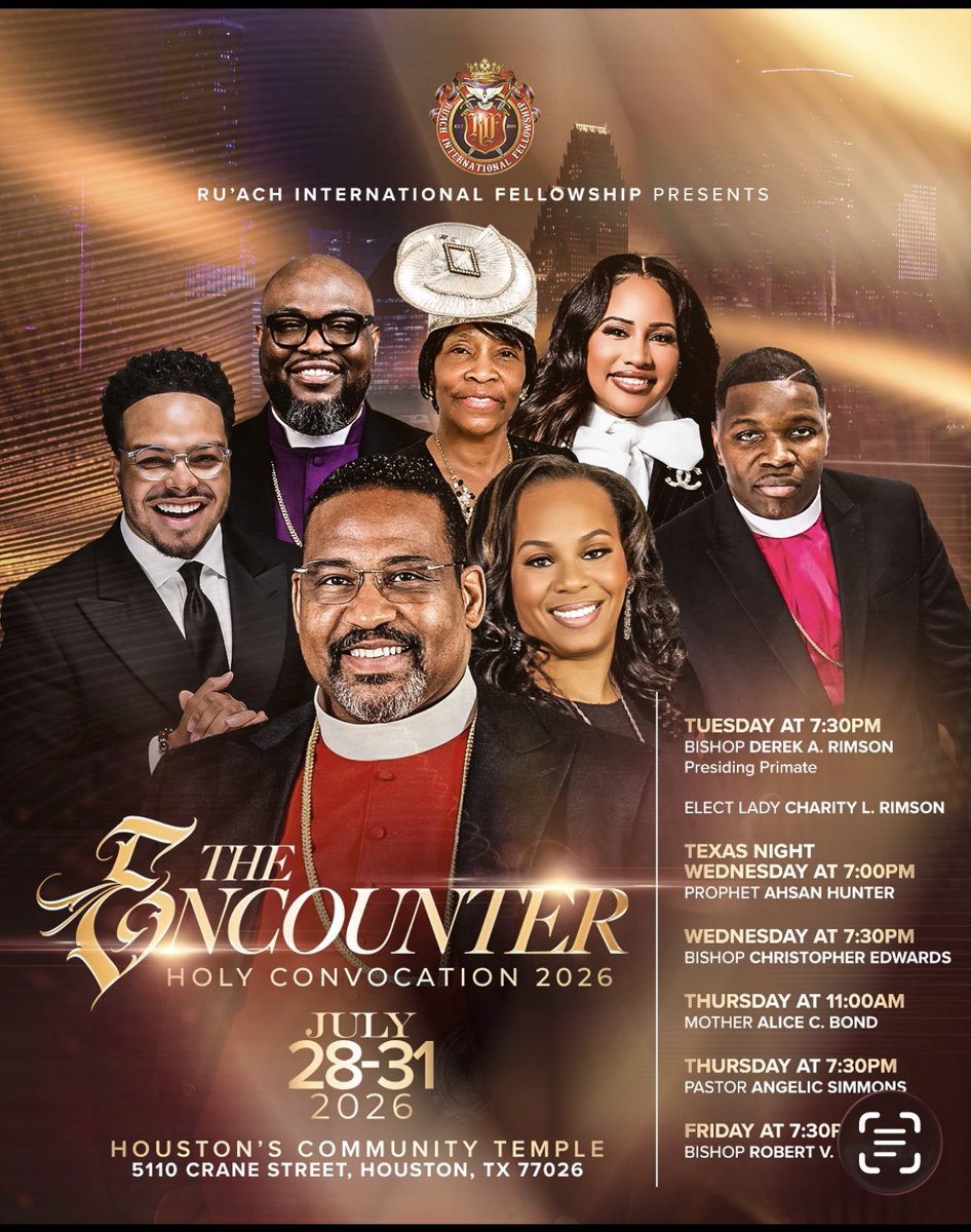 DEREKRIMSON's tweet photo. 24 DAYS &amp; COUNTING… 
RU’ACH ENCOUNTER HOLY CONVOCATION ‘26 @ Houston’s Community Temple in #HoustonTexas
#TheEncounter #TheConvocation #bishopderekarimson #presidingprimate #ruachinternationalfellowship https://t.co/zvoSvQ2kz0