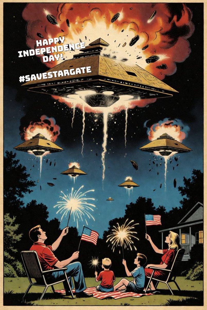JiltedValkyrie's tweet photo. Happy Independence Day, #SaveStargate Family! May your skies be filled with the explosions of many a Ha'tak liberation.

@AmazonMGMStudio can make the series that showed the USAF in exceptional light once again the beacon of hope for humanity we need in this day and age of cynicism, selfishness, and inauthenticity. We are all better together, working toward a common goal despite our differences.

And to all the friends overseas, Stargate family are all allies and always welcome to the BBQ!

Let us free Stargate, Martin Gero's vision, from the shackles of executive indifference. We are your vehicle of success: the customer.