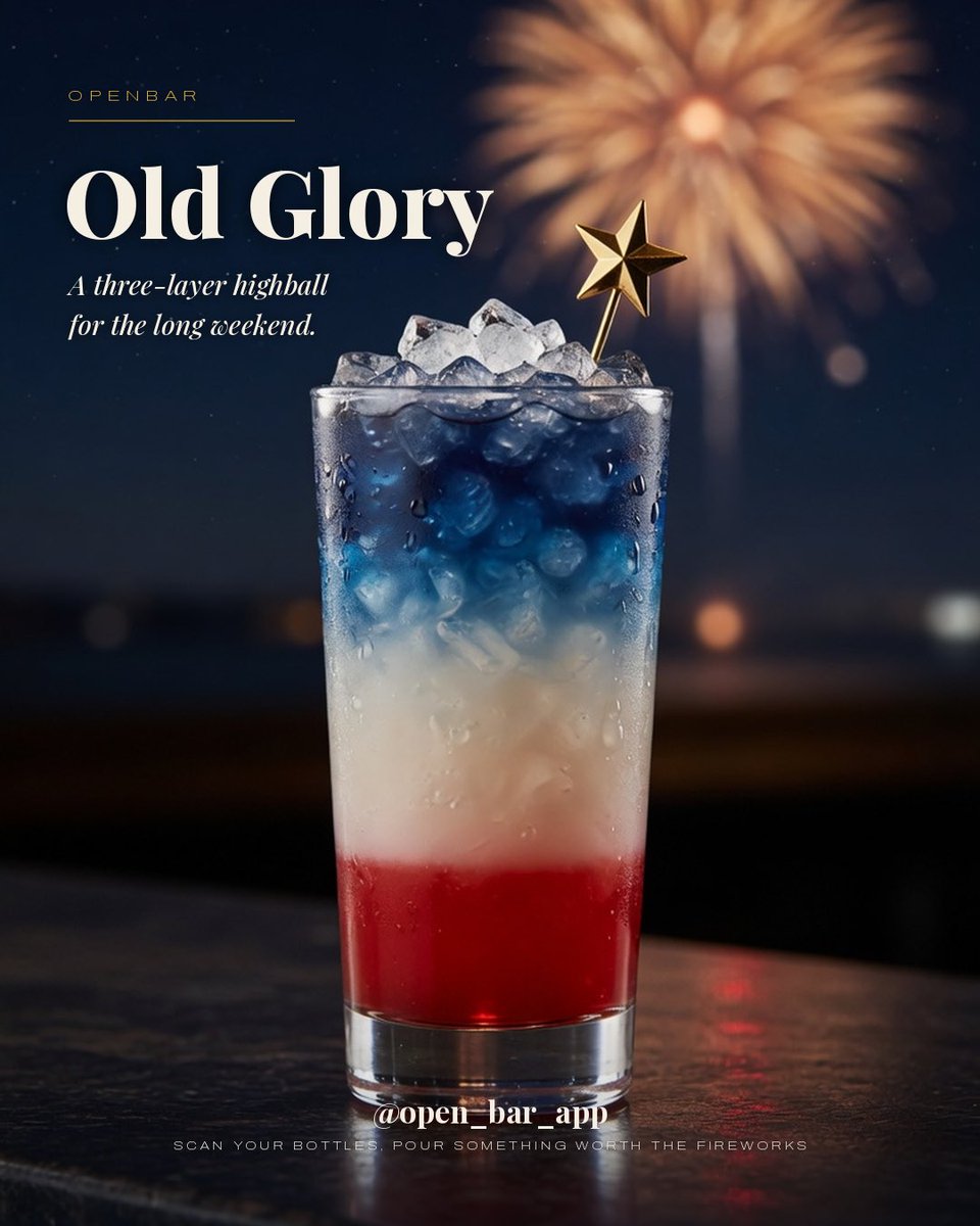 open_bar_app's tweet photo. America turns 250 today, old enough to know better, still young enough to set off fireworks in a parking lot.

We’re toasting the Fourth with Old Glory, a three-layer highball in red, white, and blue that holds its stripes until someone stirs it.

Recipe below. https://t.co/E8kTFjIlaD