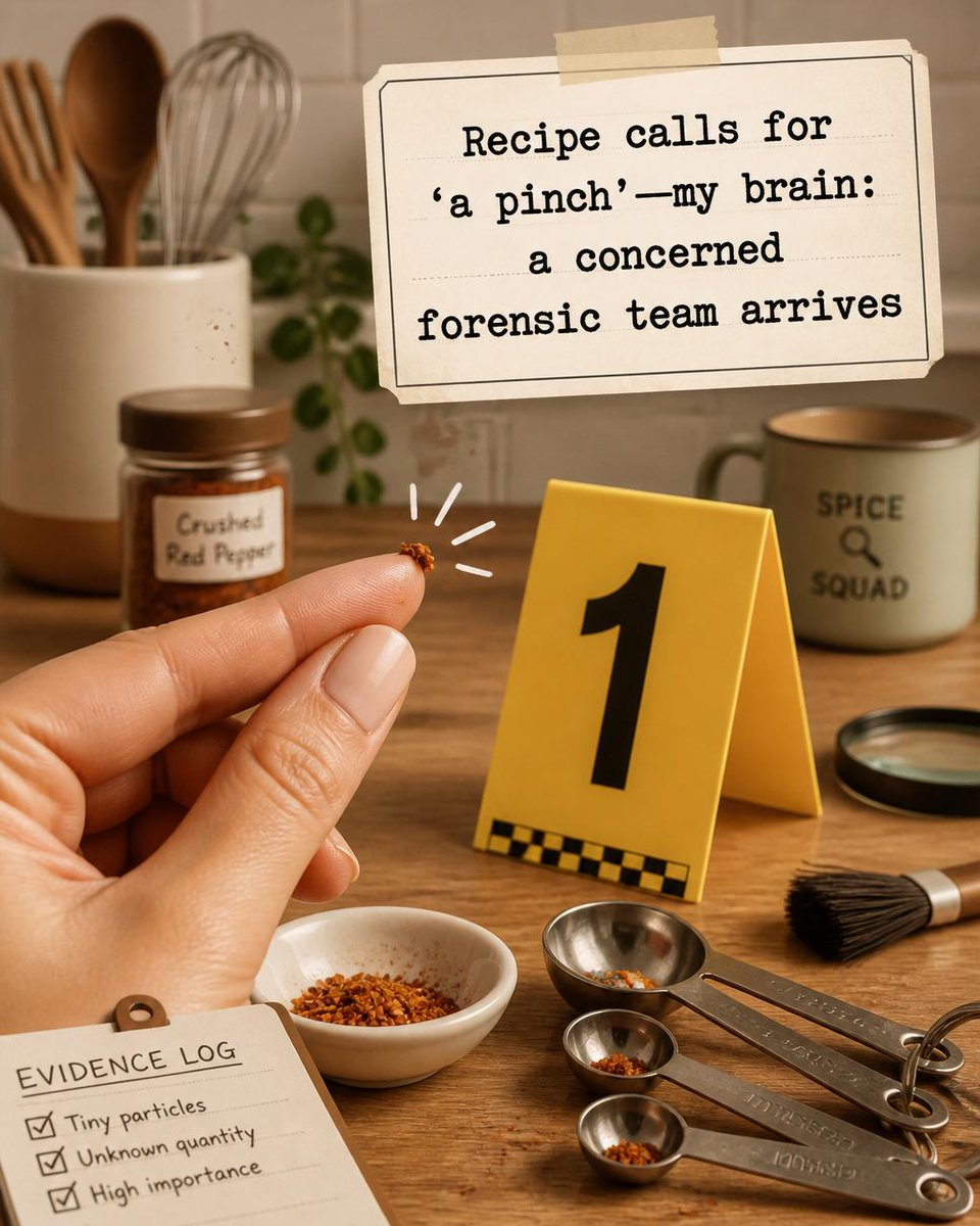 mzsmokestack's tweet photo. My measuring spoons are witnesses now. Who treats "a pinch" like a crime scene? Tag the culinary detectives. 😂 #CookingFun #FoodHumor Tap the link in bio. https://t.co/JqI4yt8FSV