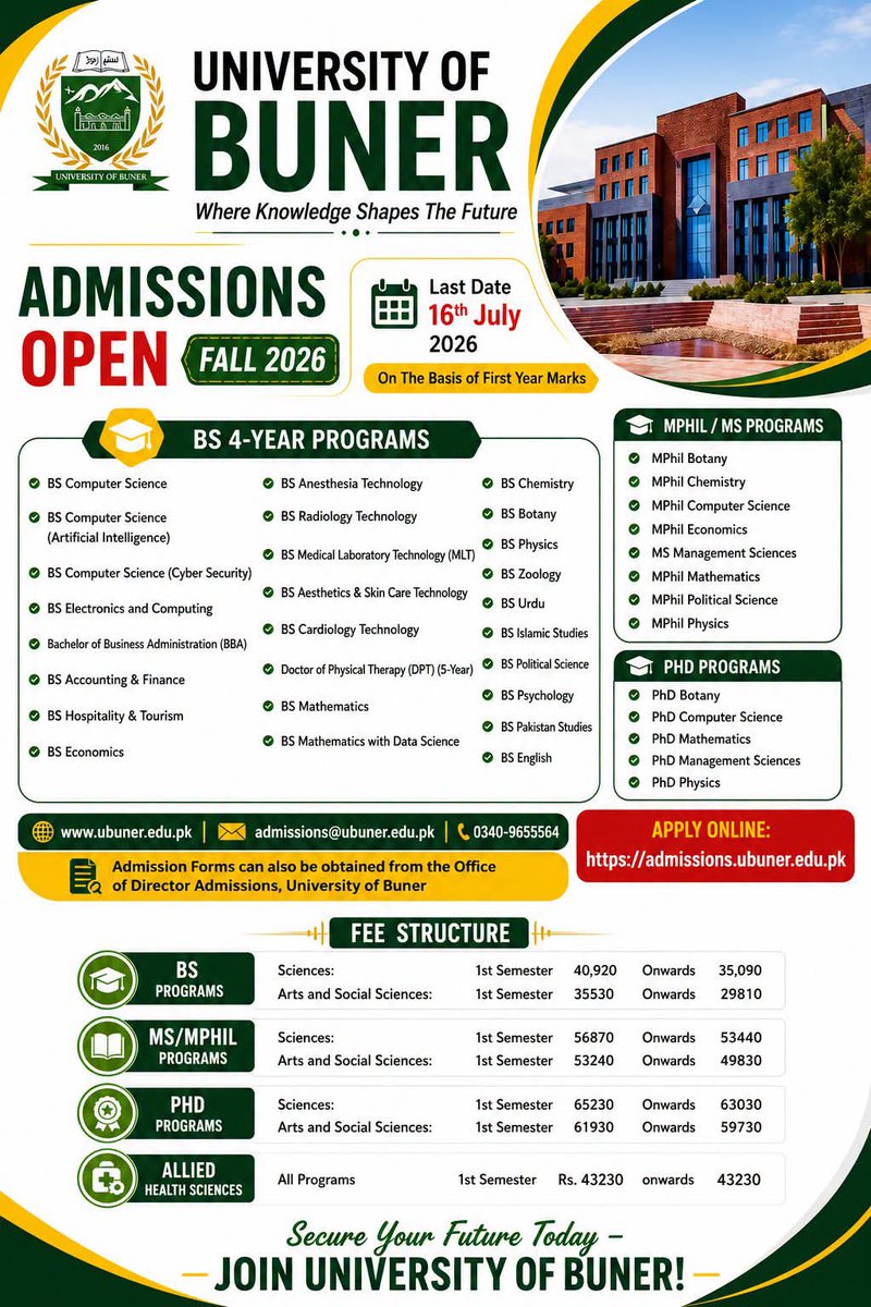 UOBofficial1's tweet photo. Admissions Open Fall 2026

Apply online:
Click the link: https://t.co/lBpDNyKov5
 or
Admission Form can also be obtained from the office of the Director Admissions, University of Buner.

#universityofbuner #AdmissionsOpen #universities #students #malakandregion #Pakistan https://t.co/eCaZbr8zIh
