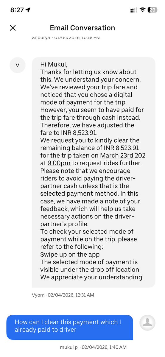 mukulpandey18's tweet photo. @Uber_Support 
@Uber_Support I cannot book rides because of an unfair outstanding balance of INR 8,523.91. I already paid this amount in full to the driver in cash due to a network issue at the destination. Please review my case, check my previous feedback regarding the driver. https://t.co/34ub0FRJKj