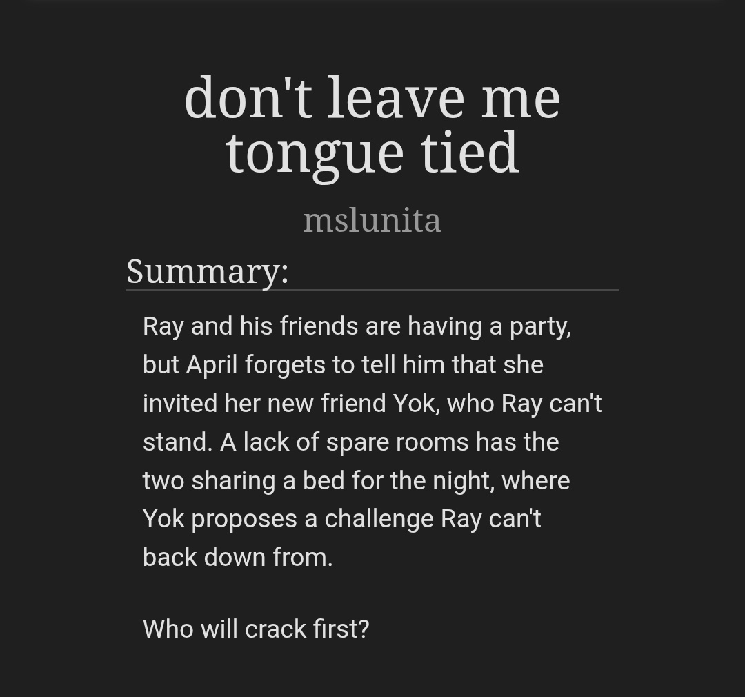 _mslunita's tweet photo. its been a long day. please feel free to lose yourself in 9k words of yok and ray dirty talking each other into hot bangage. love you xoxo
ps. this has been on my wip list for a year. like i always say, you never know when inspo will strike 🤭
https://t.co/eZRDuuVlo6 https://t.co/7IbMX10x05
