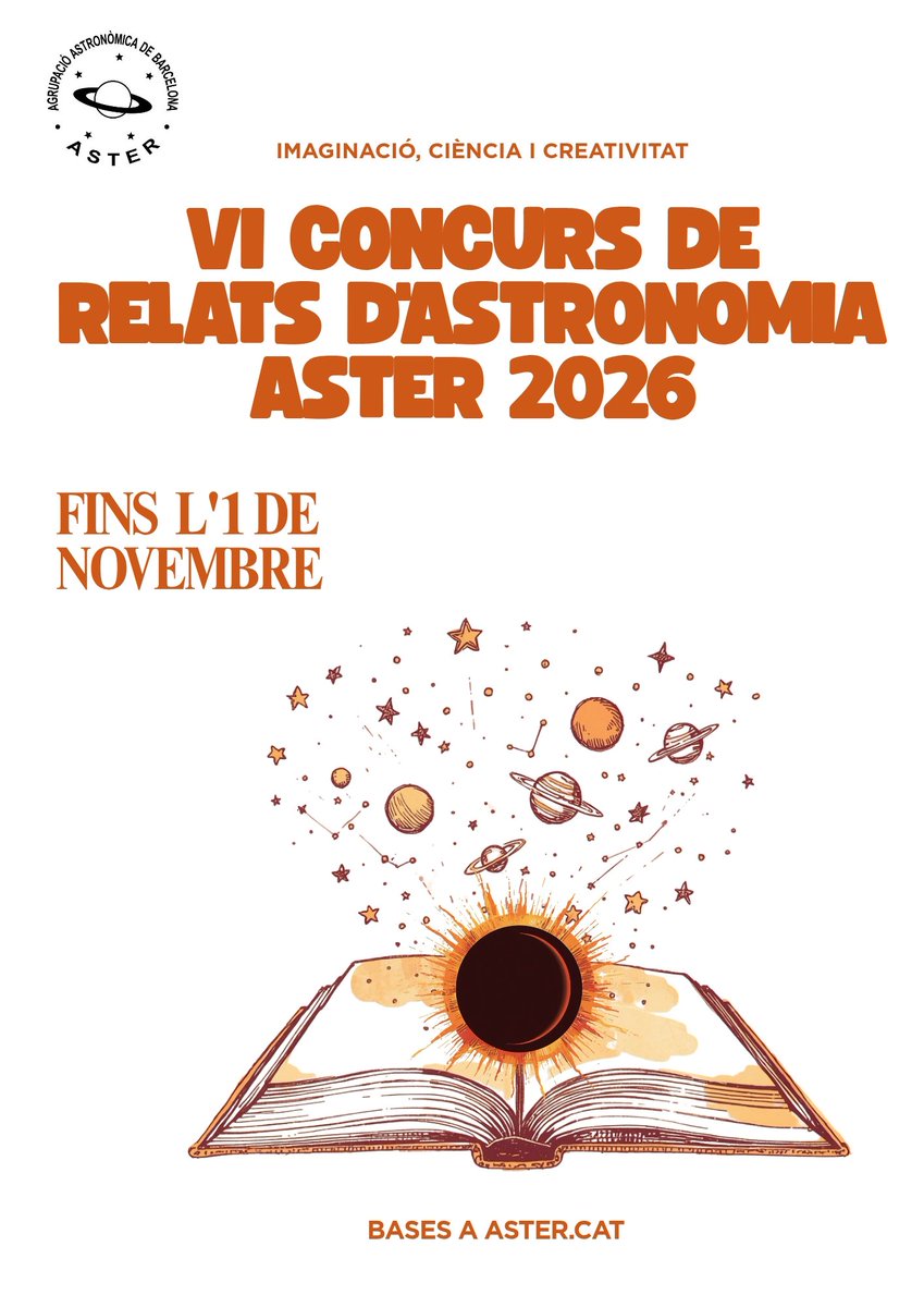 VerumFictio's tweet photo. Torna el concurs de relat d'astronomia de l'@asterbarcelona.
Esperem #relats que despertin l'admiració per la bellesa de l'univers.
Bases: https://t.co/2NxwAeTWH8 🔭🪐🛸✨️👩🚀
#ConcursDeRelats #ConcursoDeRelatos #Astronomia #Astronomía https://t.co/NWgv8IqLZH