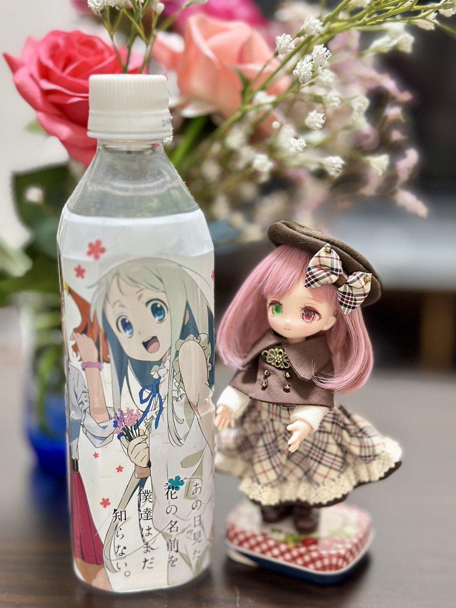 NodoAme_Doll's tweet photo. 秩父へ旅行に行った際、おみやげで買った、あの花の天然水…！
テレビ台の裏を掃除してたら出てきました！
もう2年前に消味期限切れてるけど…

#あまむす #あの花 https://t.co/ag5PPRGfQb