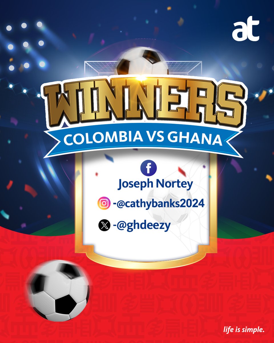theatghana's tweet photo. Congratulations to our winners!
#PredictandWin #Stayconnected #Lifeissimple #ColombiavsGhana https://t.co/Mke7hs9aGN