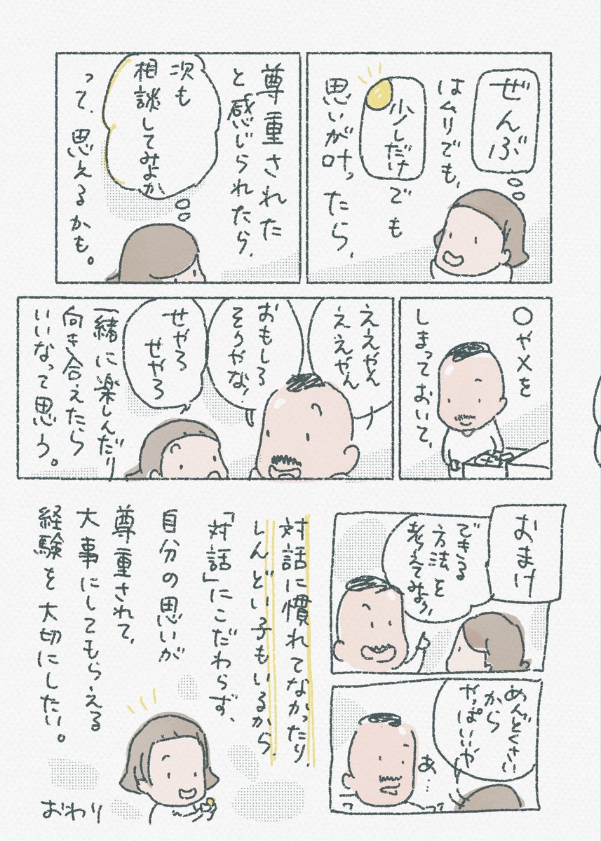 怒られるってわかってるのに強引に押し切ろうとするのは、ワガママなわけではなく、そうするしかないと思っているのかもしれない。その時々で対話ができたら、お互いにしんどさが小さくなる気がしている。 