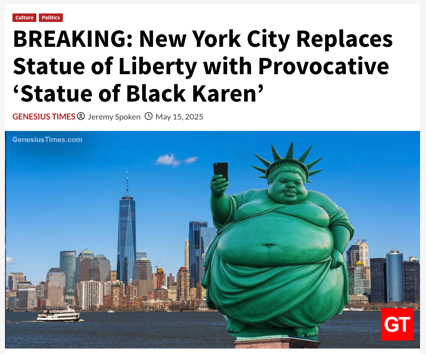 Genesius_Times's tweet photo. BREAKING: New York City Replaces Statue of Liberty with Provocative 'Statue of Black Karen' • Genesius Times https://t.co/OLJOve992u https://t.co/o54KVrD0OL