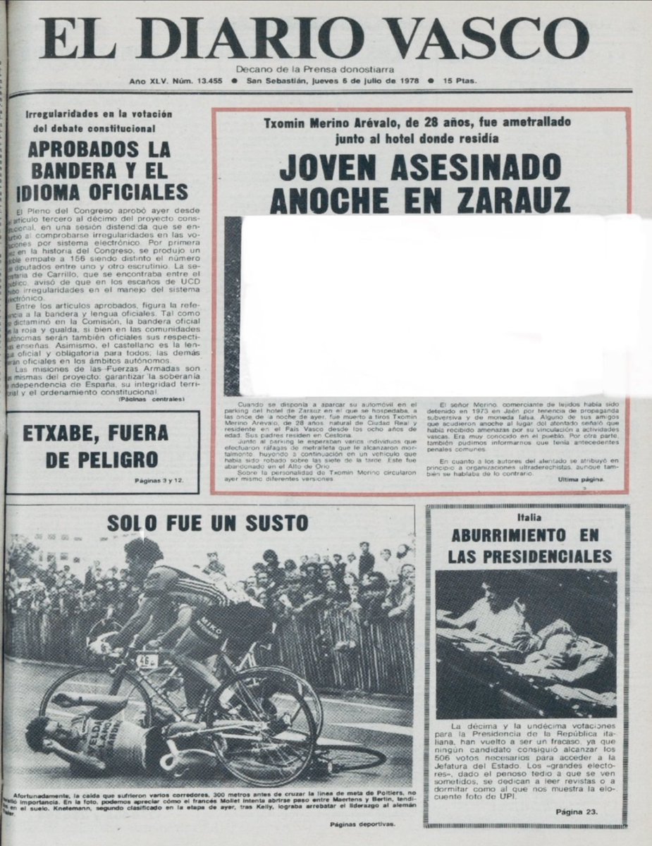 MemorialVT's tweet photo. 05/07/1978. Zarauz. Se cumplen 48 años del asesinato por ETA-m de TXOMIN MERINO ARÉVALO. El asesinato se produjo cuando la víctima aparcaba su vehículo en el hotel donde llevaba viviendo 3 meses. Los etarras le esperaban en el parking del hotel y le dispararon a corta distancia. https://t.co/93PBDme2PR