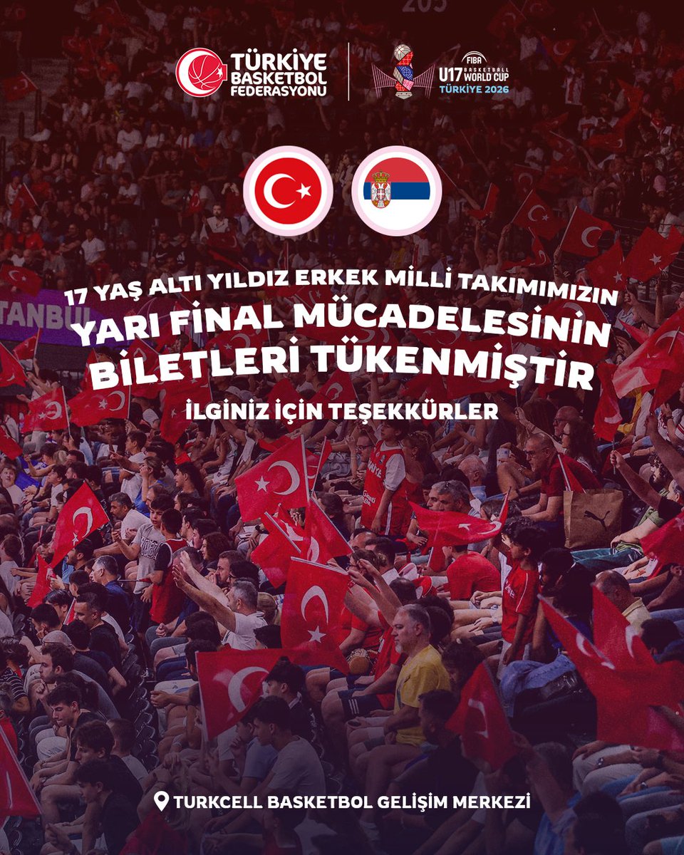 tbfaltyapilar's tweet photo. TÜM BİLETLER TÜKENDİ! 🔥

17 Yaş Altı Yıldız Erkek Milli Takımımızın, FIBA U17 Basketbol Dünya Kupası 2026 yarı finalinde Sırbistan ile oynayacağı karşılaşmanın biletleri tükendi.

Millilerimize gösterdikleri ilgi ve destek için tüm basketbolseverlere teşekkür ederiz. 🇹🇷

#BizBirlikteyiz #FIBAU17
