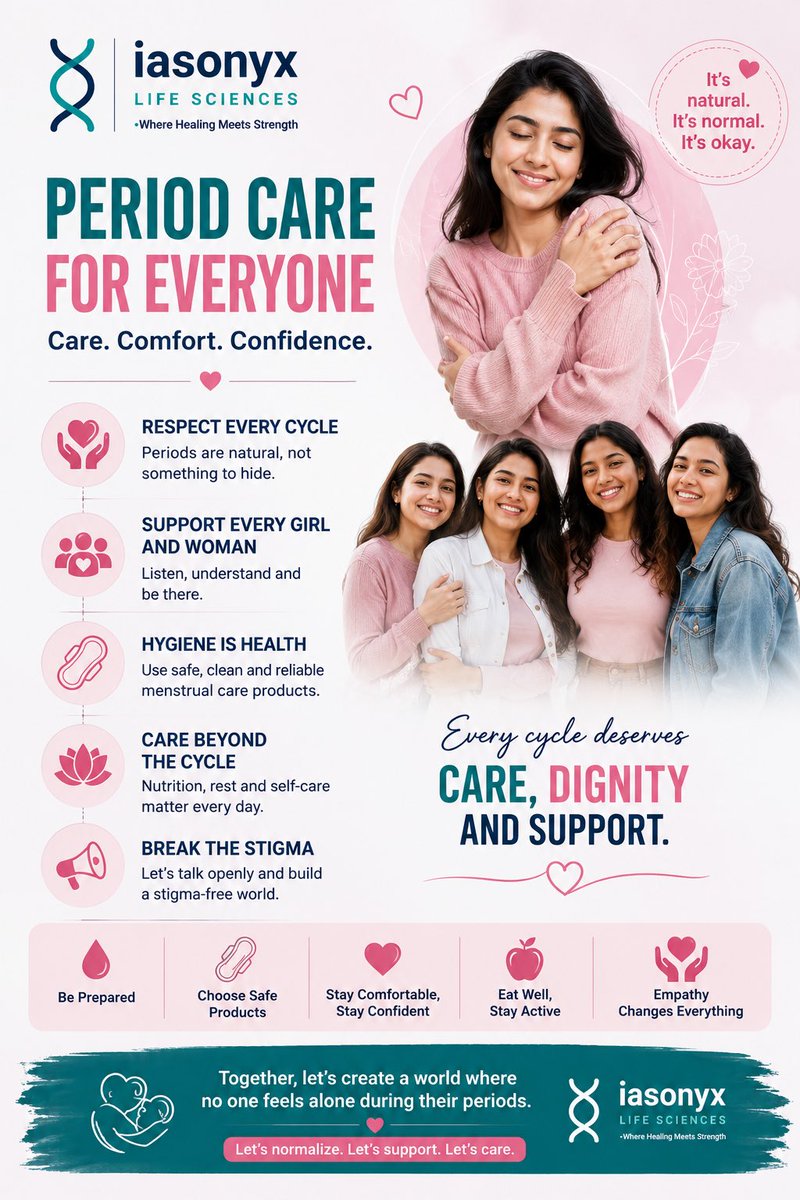 Iasonyx's tweet photo. 💙 Every cycle deserves care, dignity, and support.

❤️ Periods are a natural part of life, and every cycle deserves care, comfort, and understanding.

#PeriodCareForEveryone #MenstrualHealth #BreakTheStigma #PeriodAwareness #IasonyxLifeSciences #HealthAwareness #CareAndSupport https://t.co/wSvFARdrVw