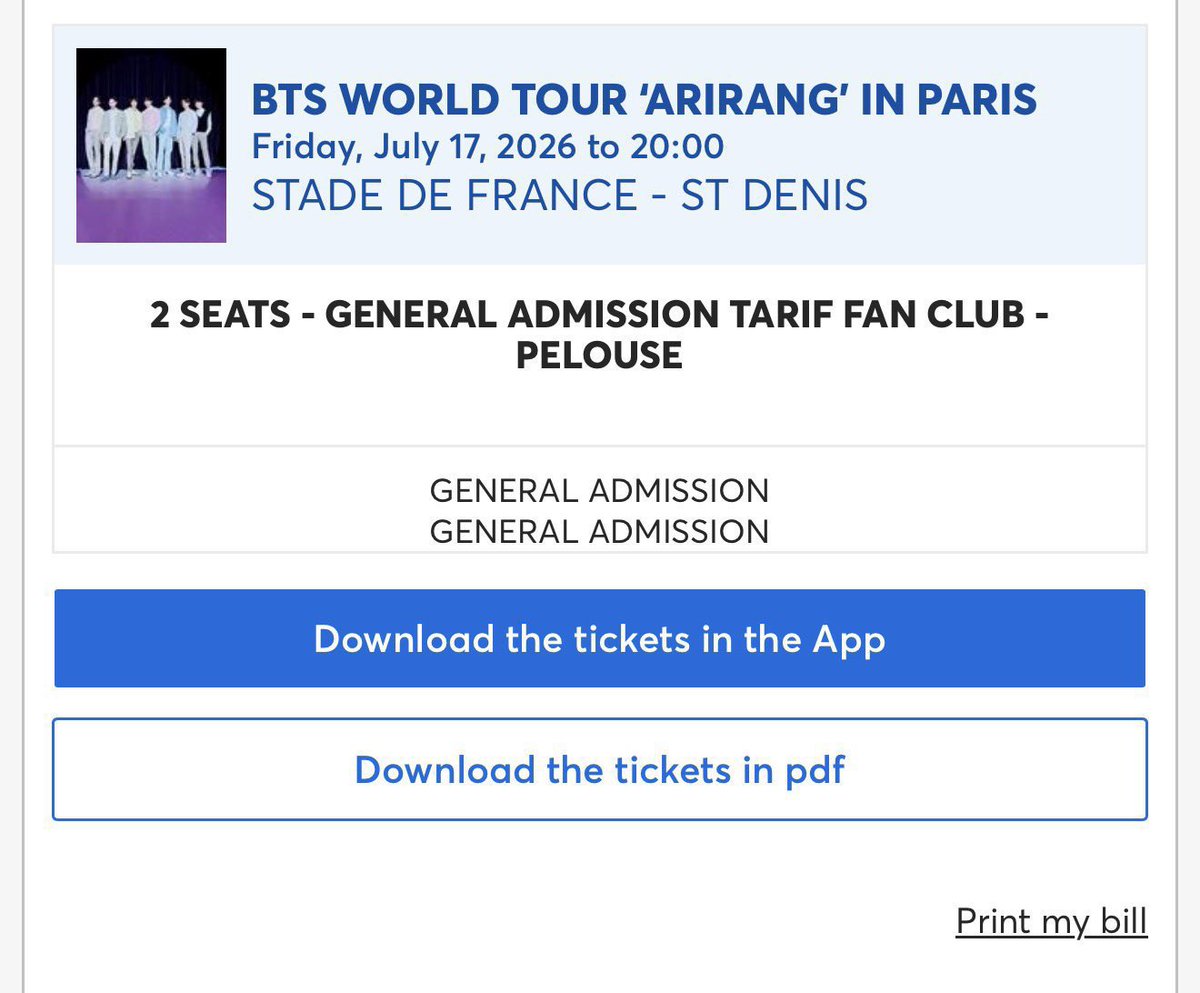 Mioe8u's tweet photo. WTS | BTS Paris
I'm selling 2x BTS concert tickets in Paris on July 17
🎟️ 2 tickets
📍Section: GA standing
💰 Price: 166.5 each /349.55 for both
💳 Payment methods
#875ticketsale #StadedeFrance #BTSinParis #FranceEvents #KpopParisRow #BTSTickets https://t.co/JQy66KsAry