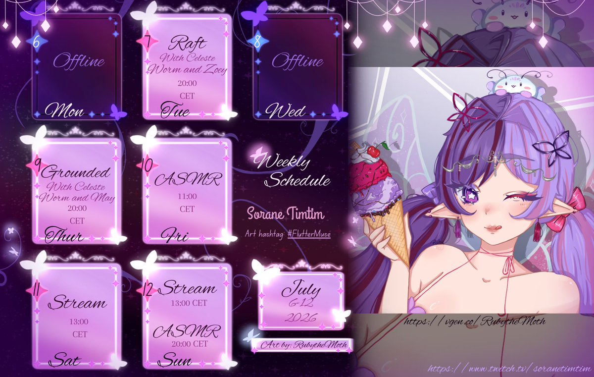 csillagtim's tweet photo. Weekly schedule cuz finally I can make one :3
Amazing art from @RubytheMoth show them some loveee🥰
Sunday will be blessed with double stream 👀
Tuesday gonna be playing Raft with @CelesteAndWormy and @ChaoticZwei 
Thursday gonna be Grounded with @CelesteAndWormy and @LiefieMay https://t.co/mTvOwlbeNe