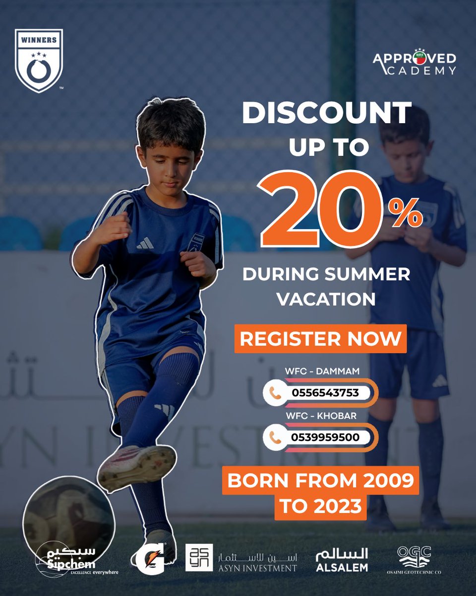 Gowfc2014's tweet photo. صيفك يبدأ من هنا!
خصومات تصل إلى 20% لفترة محدودة على التسجيل في نادي وينرز.
لا تفوّت الفرصة وسجّل الآن. ⚽️💪🏻 https://t.co/yTdh0W67SP
