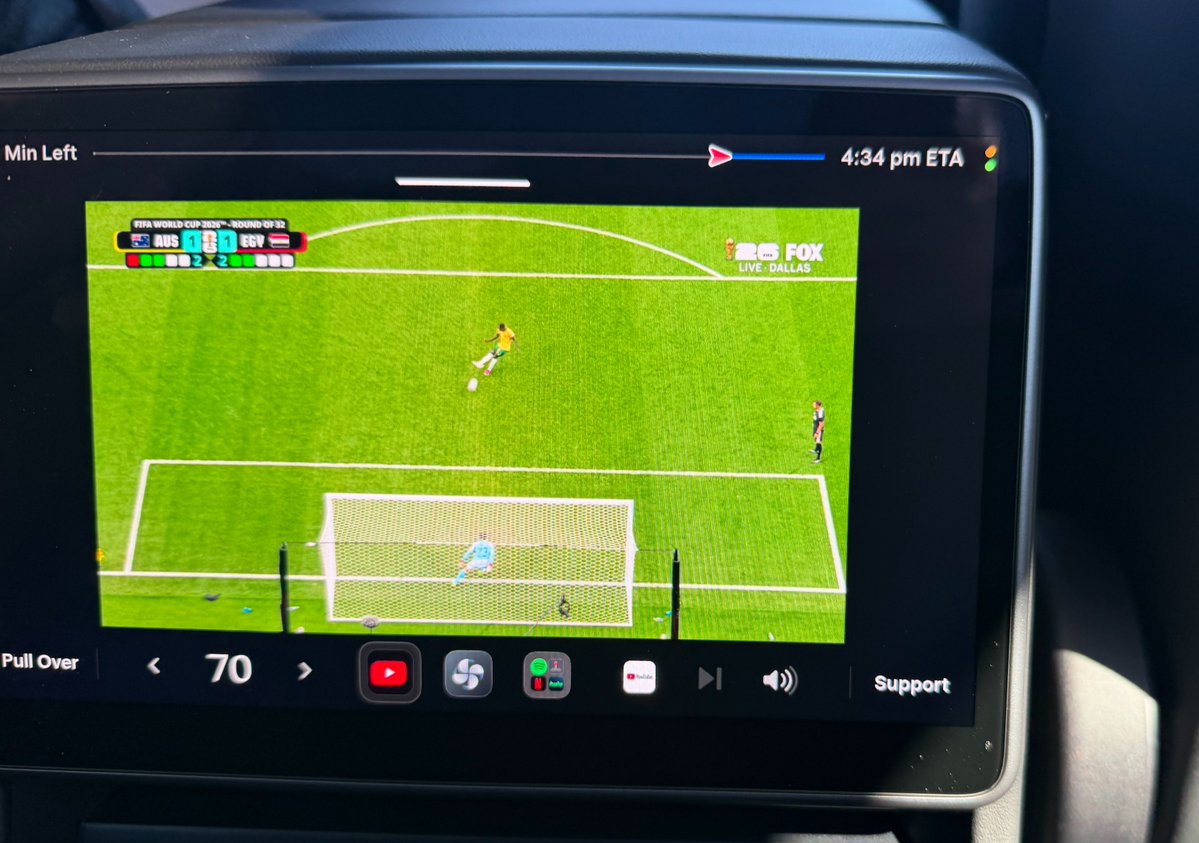 niccruzpatane's tweet photo. You can watch World Cup games while being driven around in a Tesla @Robotaxi.

It also works for rear passengers in every Tesla that has a rear screen. Just stream the games on YouTube. ⚽️ https://t.co/CUCLNuDuDI