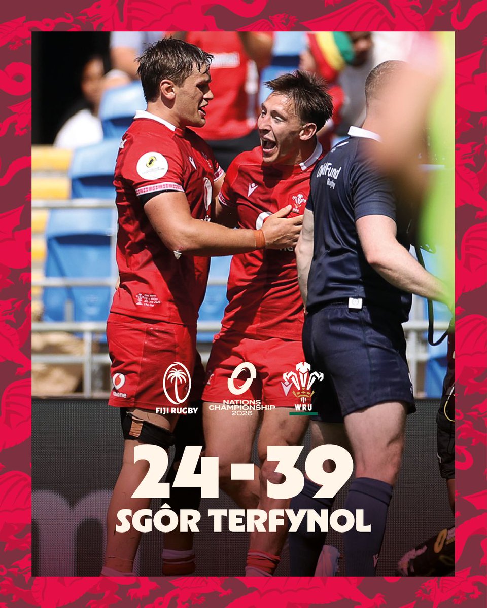 WelshRugbyUnion's tweet photo. 🚨 𝙎𝙜ô𝙧 𝙏𝙚𝙧𝙛𝙮𝙣𝙤𝙡 | 🇫🇯24-39🏴󠁧󠁢󠁷󠁬󠁳󠁿

What a start to our Nations Championship campaign 🔥👏

#CymruAmByth https://t.co/hGg6iHva9Y
