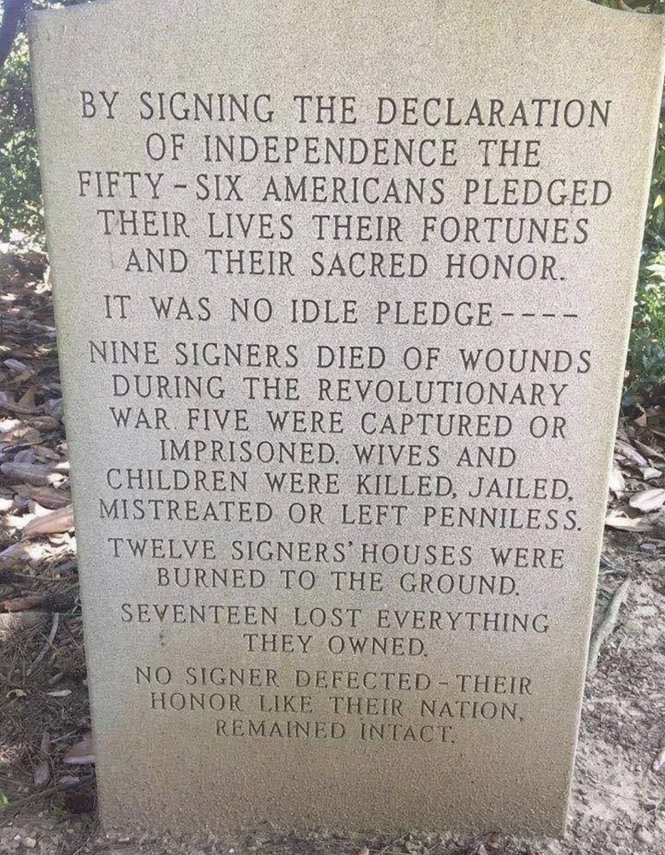 bennyjohnson's tweet photo. The men who signed the Declaration of Independence knew they were risking losing everything, and some did.

To them, the thought of a free nation was worth it.

Remember their sacrifice this 4th of July. https://t.co/cFSoCGR3z8
