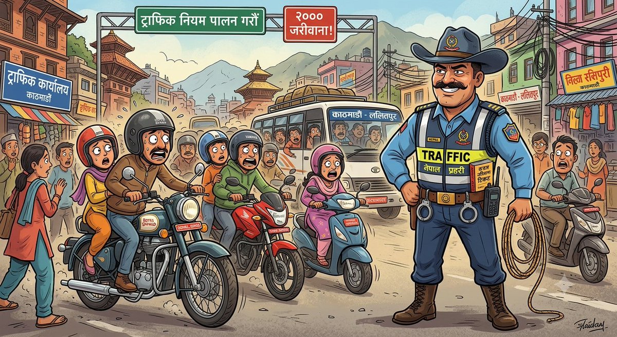 g1Karn's tweet photo. राइडर र ड्राइभरहरूको सातो त यसरी उडेको छ कि मानौँ अगाडि कुनै कानुन होइन,  'वाइल्ड वेस्ट' को डन उभिएको छ। 🤣 Traffic police Nepal https://t.co/R9454jsPeS