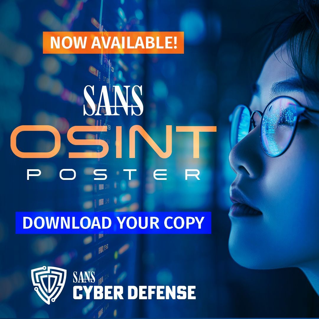 SANSDefense's tweet photo. Take your OSINT skills to the next level! The new SANS OSINT Poster is packed with tools, syntax tips, and real-world examples. Perfect for any cybersecurity pro. 💡
https://t.co/q4E7bvlm7I #CyberIntel #OSINT https://t.co/60203IrvM4