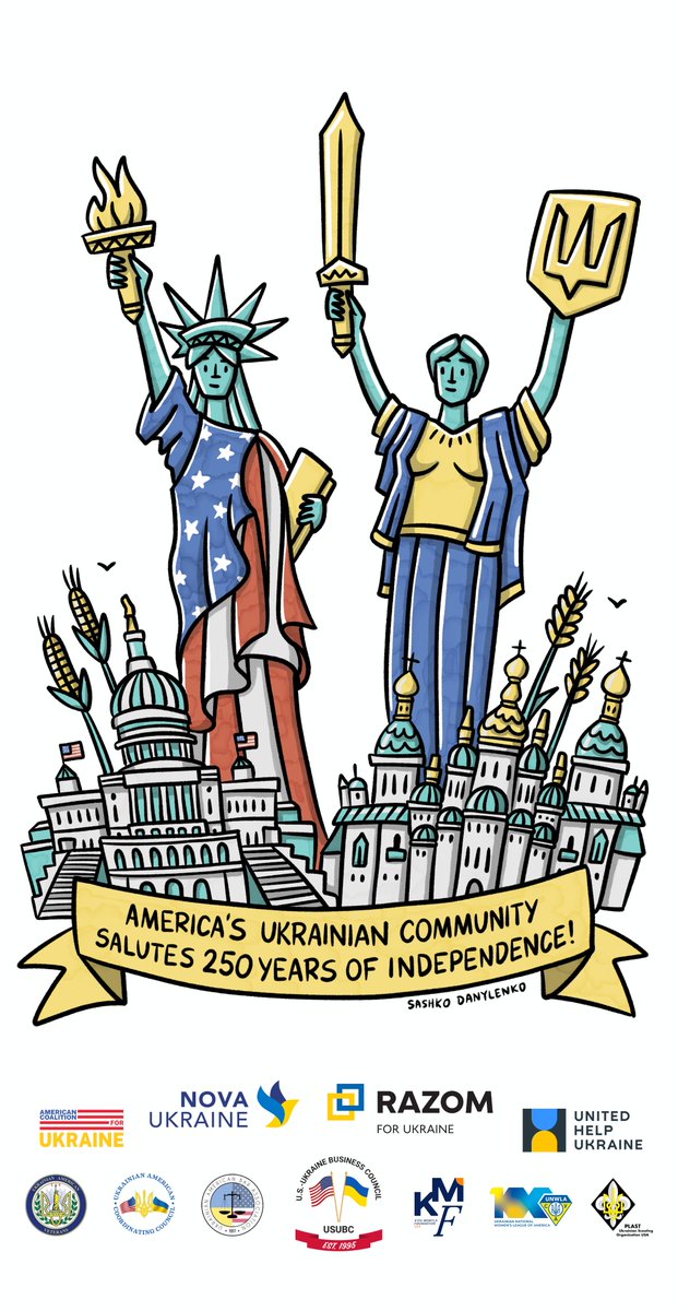 razomforukraine's tweet photo. From before 1776 to 1991 and beyond: Ukrainians didn't wait until now to turn to America. For centuries, we have been bound by a shared conviction: that freedom belongs to everyone. This July 4th, we honor that deep friendship.🇺🇸🇺🇦Happy Independence Day, USA! Here's to 250 more! https://t.co/OKZM6gJbjM