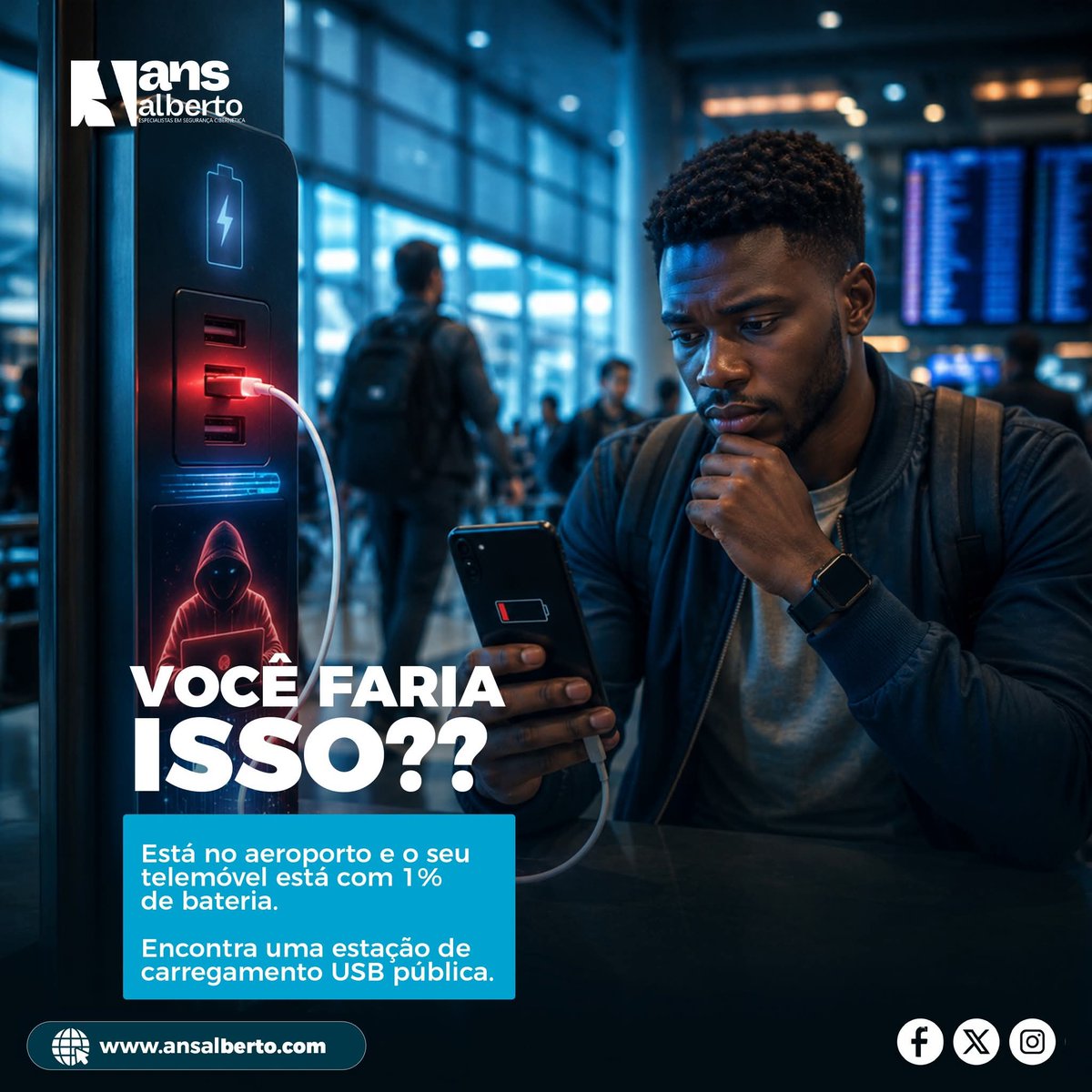 AnsAlberto1's tweet photo. Está no aeroporto e o seu telemóvel encontra-se com apenas 1% de bateria.  

Encontra uma estação de carregamento USB pública.  

O que faz?

🅰️ Liga o telemóvel imediatamente à estação USB pública.  
🅱️ Usa apenas o seu próprio carregador ligado a uma tomada. https://t.co/AmddgC2pWN