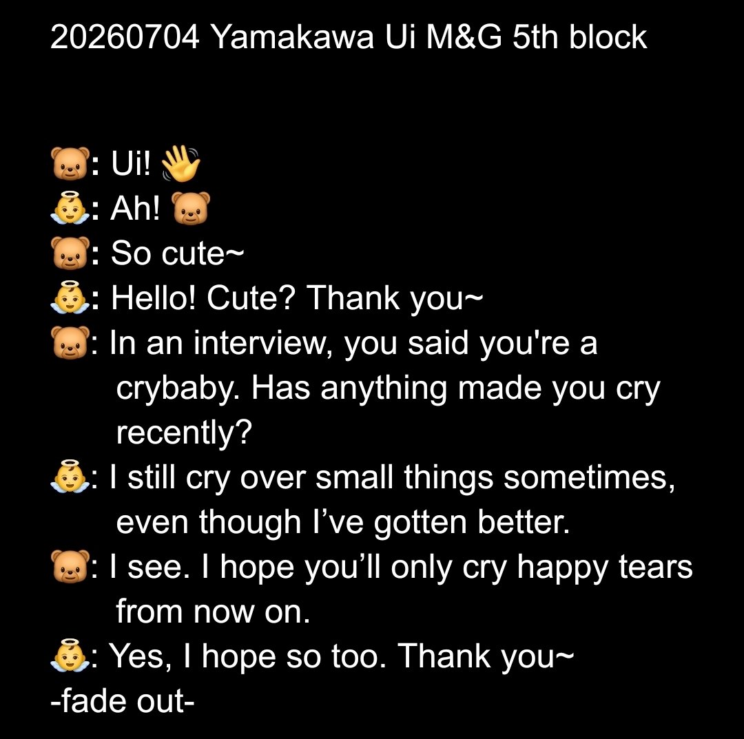_sunsetrider's tweet photo. 20260704 Yamakawa Ui M&amp;G 5th block

Crybaby Ui 😮 https://t.co/rWQ8i9FjuD
