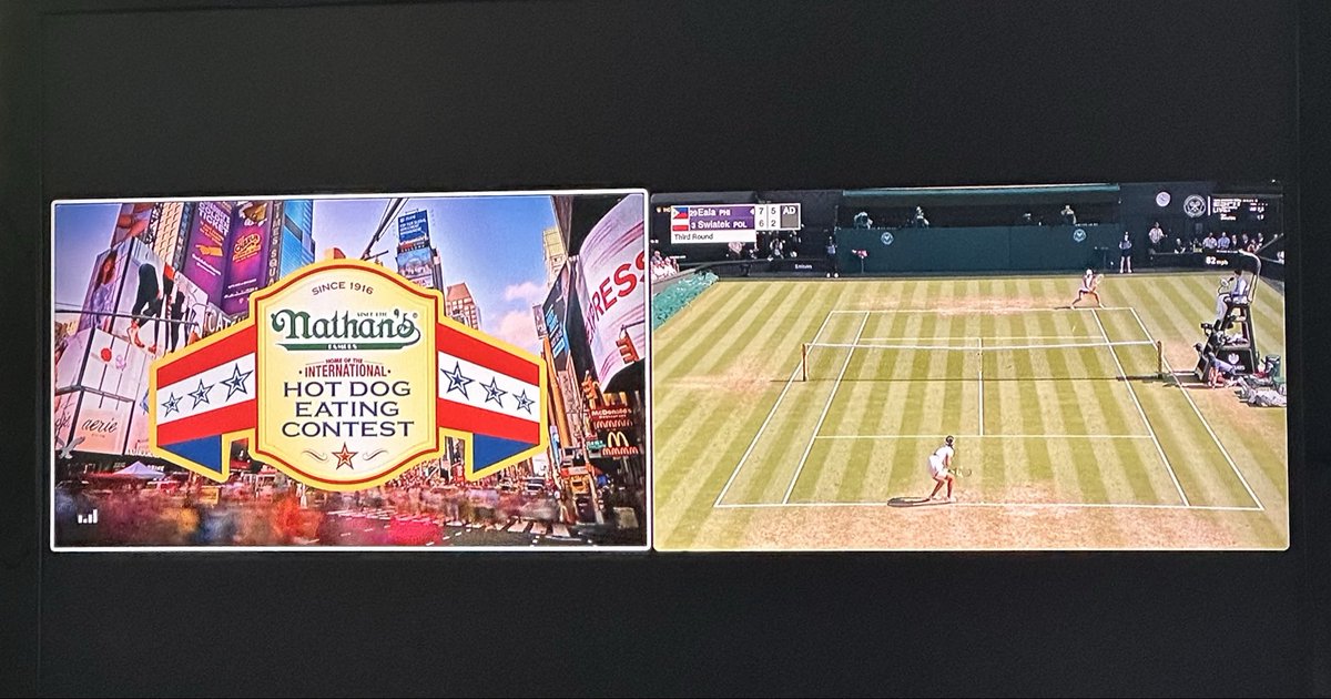 TiredSports's tweet photo. Another USA 🇺🇸 vs England 🏴󠁧󠁢󠁥󠁮󠁧󠁿 battle on the 4th of July 250 years later. The split screen fight between the Nathan’s hot dog eating contest and Wimbledon.

Class vs Class https://t.co/4fUMqkbTBx