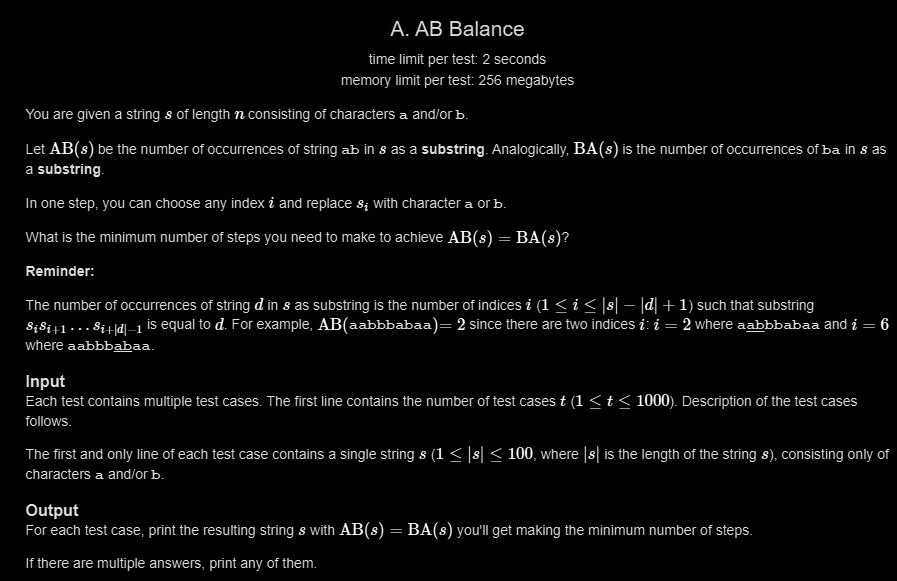 Siddhesh_2110's tweet photo. Day 214 π
β
LC POTD
β
GFG POTD
β
CF 1x Problem
β
Spring Boot Revision
CF Insight:
Only the first and last characters matter. If they differ, change one to balance "AB" and "BA".
Revised Spring Core, JPA & REST.
#Day214 #DSA #Codeforces #SpringBoot #Java https://t.co/kqdGS6h8u8