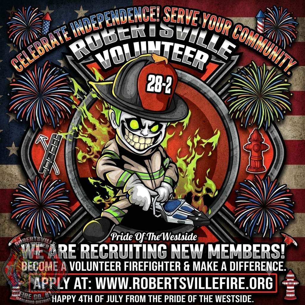 RVFC282's tweet photo. Happy 4th from Robertsville Fire Co. Our volunteers are on call while you celebrate. Grill safely, skip the backyard fireworks, and stay hydrated. Want to answer the call in 2026? We’re recruiting — free training &amp; gear. https://t.co/UYFRAg5mg2 #MarlboroNJ#VolunteerFirefighter https://t.co/ZVPCYVYJVb