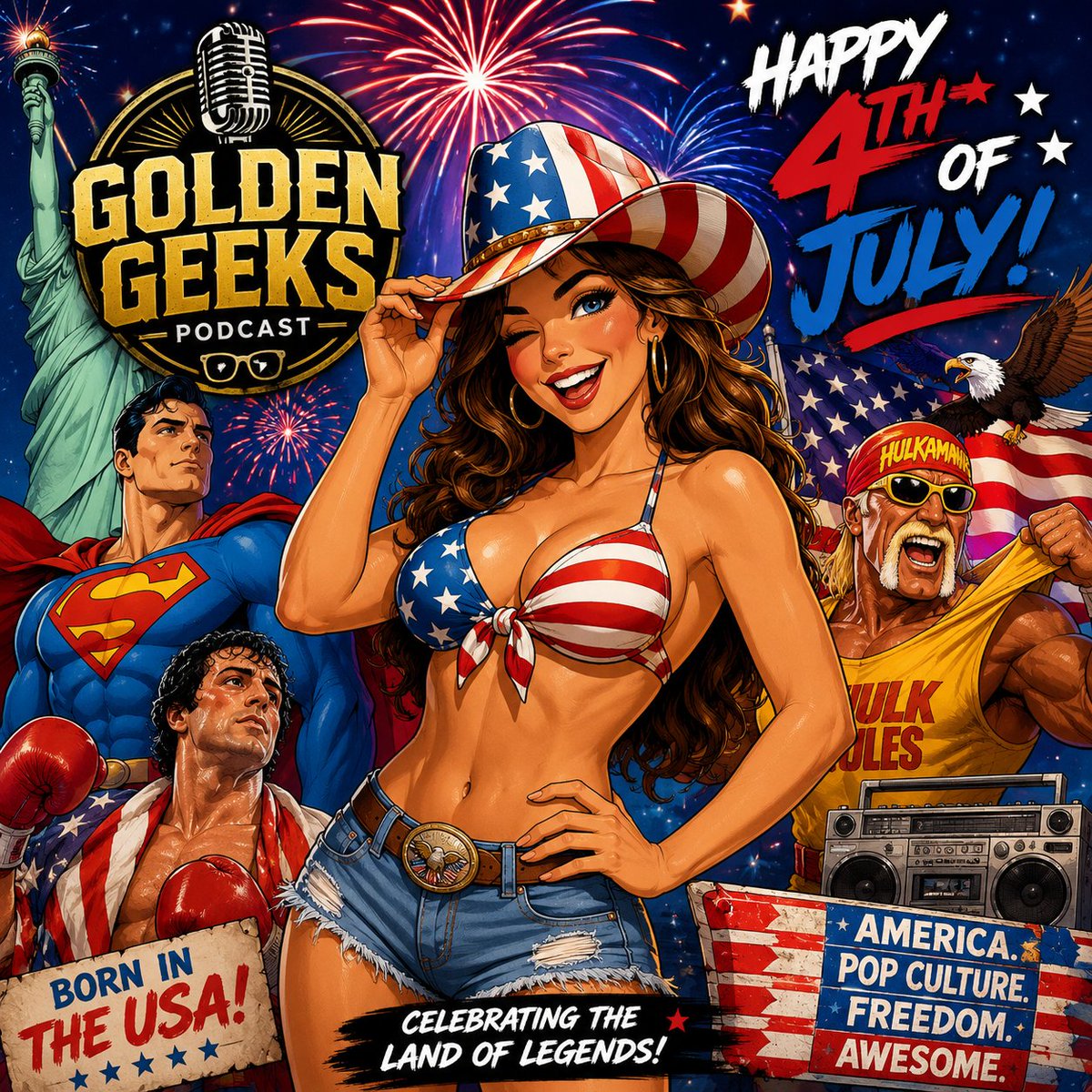 Goldengeekspod's tweet photo. We almost used this as our official Fourth of July post since it probably would've gotten us way more clicks than two middle-aged guys talking about movies, TV, comics, wrestling, and everything we grew up loving. Happy 4th of July from the Golden Geeks Podcast! #FourthOfJuly https://t.co/zp52KqxtJa