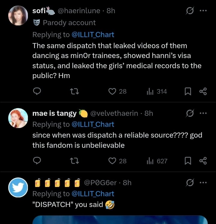 kimberleyhehe's tweet photo. 🚨 EXPOSED: ILLIT charts account is hiding the replies that correct their misinformation about Dispatch and lies about Hanni.

This fandom wants to spread lies and hate towards NewJeans. It does not care about illit in anyway. https://t.co/OoF1OiRdb0