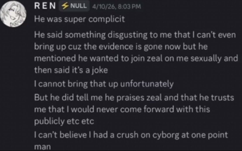 JusticeThw40945's tweet photo. Mm i sure wonder why Ren decided to lie about Cyborg completely just a day after she successfully ruined zeal’s life with false allegations. It’s almost like she loves lying over, and over, and over again https://t.co/9ZaDnlOQLG